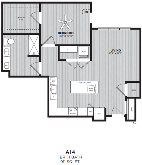 Floor plan for 1 bed, 1 bath, 911 sqft
